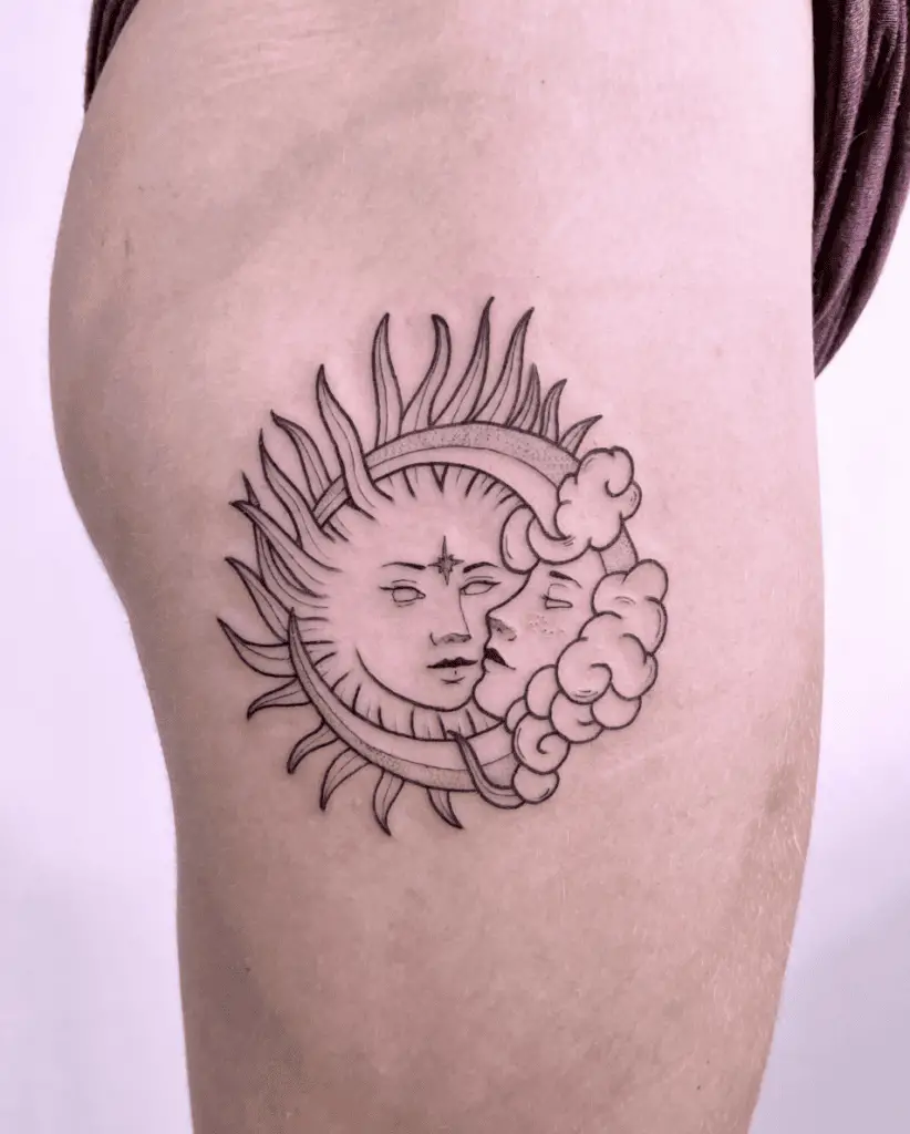 Beautiful Crescent Moon Cling to Sun Thigh Tattoo