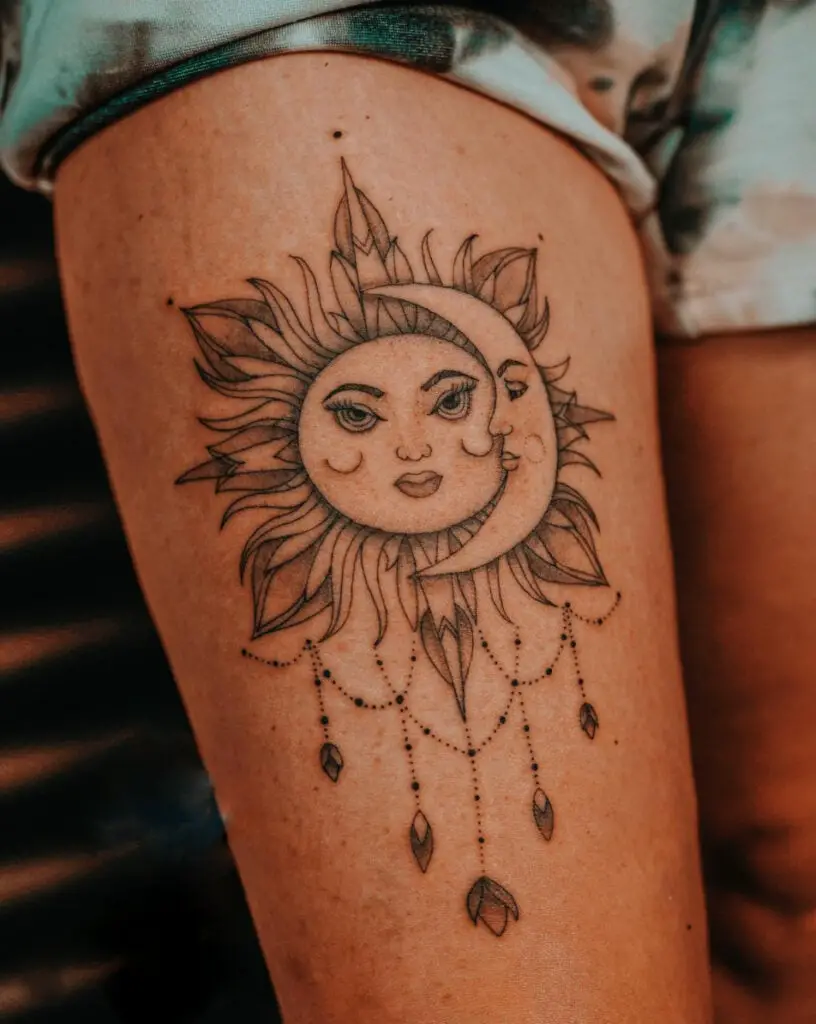 Beautiful Sun and Moon Faces With Ornaments Design Arm Tattoo