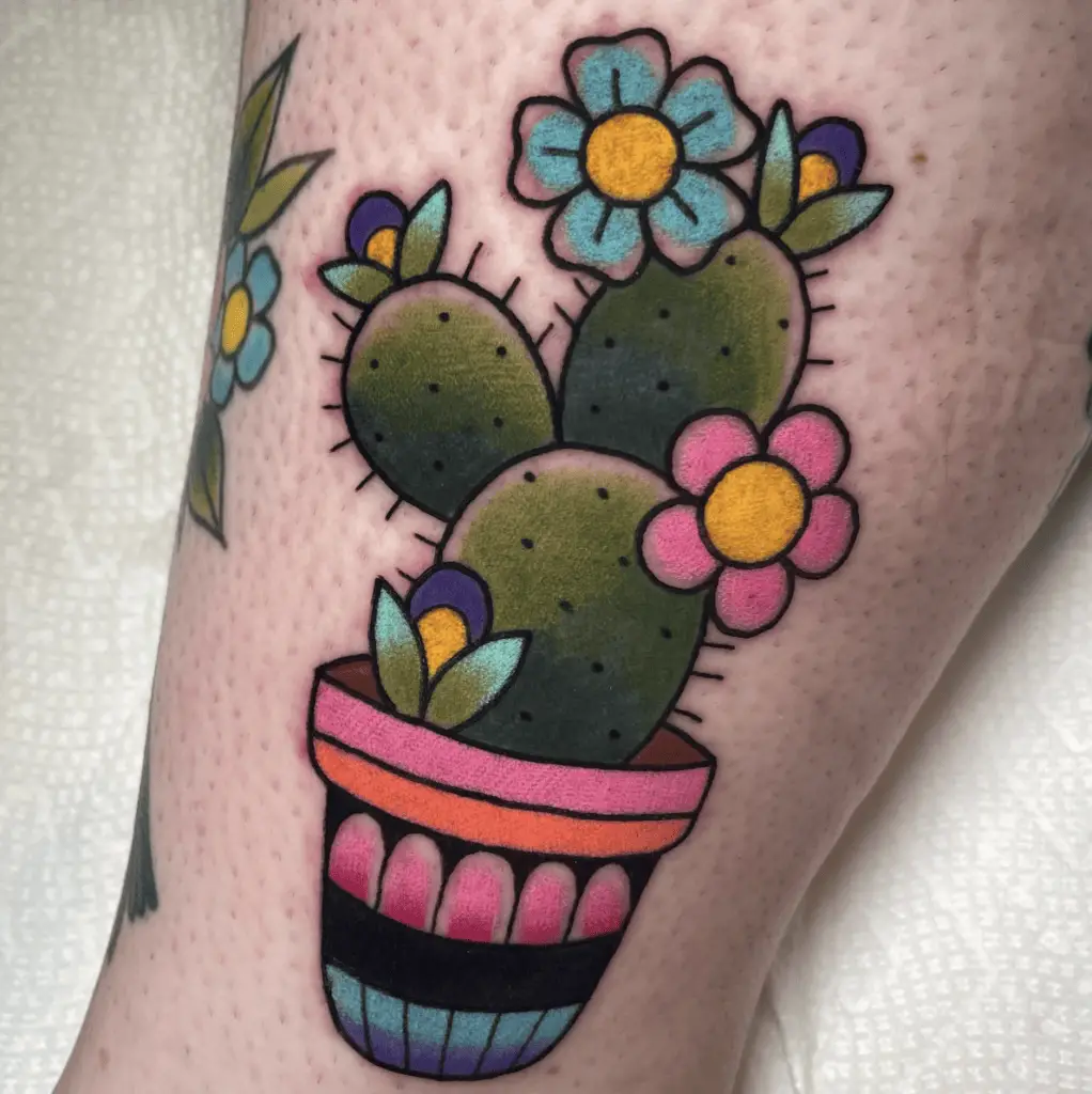 Birght Colors Cactus and Flowers Leg Tattoo