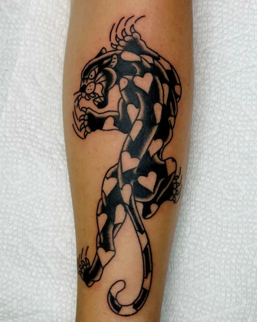 Black Angry Panther With White Heart Print Arm Tattoo