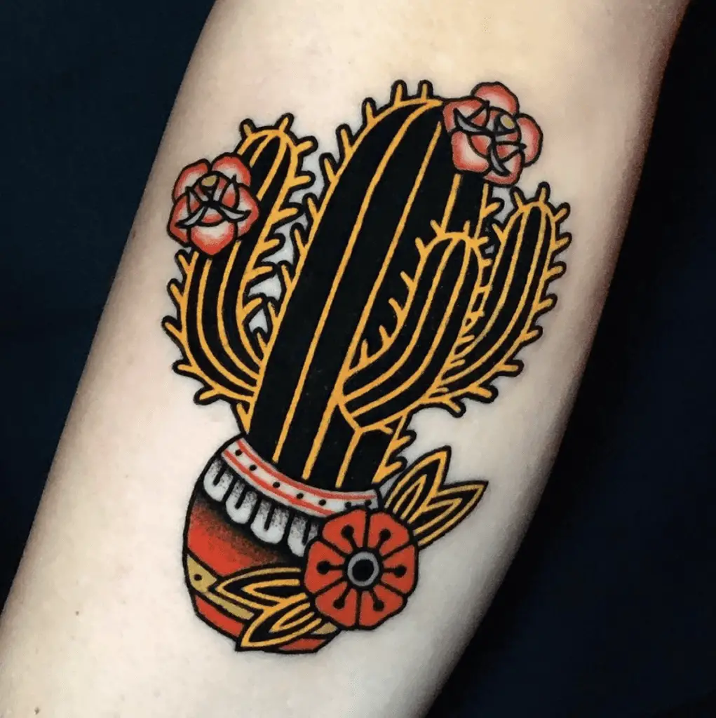 Black Cactus With Yellow Outlines and Red Flowers and Pot Arm Tattoo