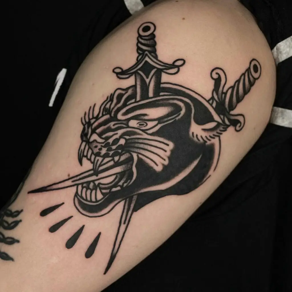 Black Detailed Black Panther Pierced by Two Daggers Upper Arm Tattoo