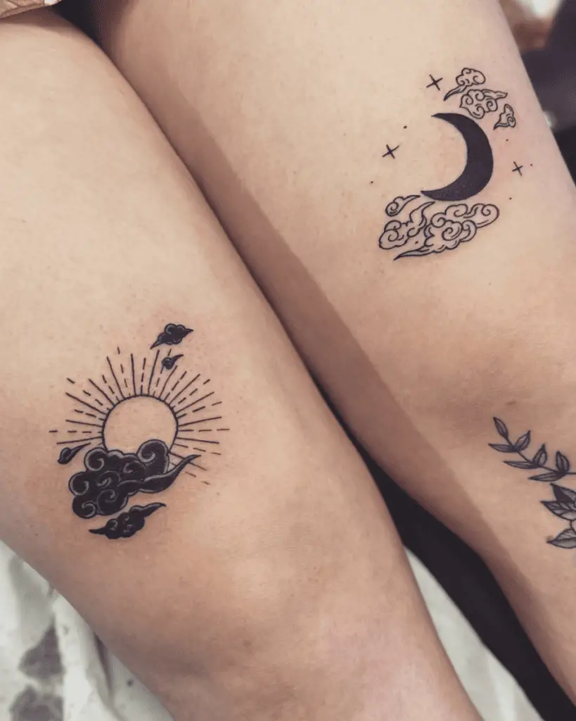 Black Detailed Cloudy Sun And Moon Thigh Tattoo