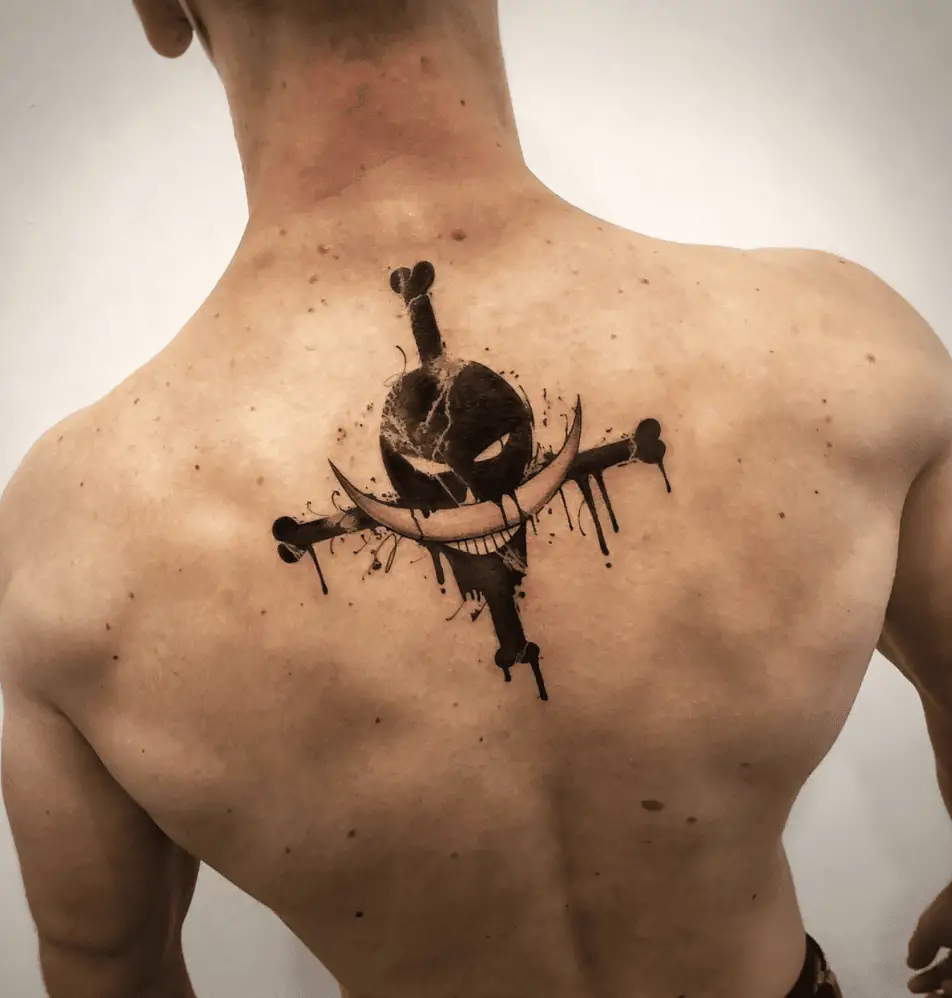 Black Detailed Dripping Pirate Skull With Whitebeard Back Tattoo