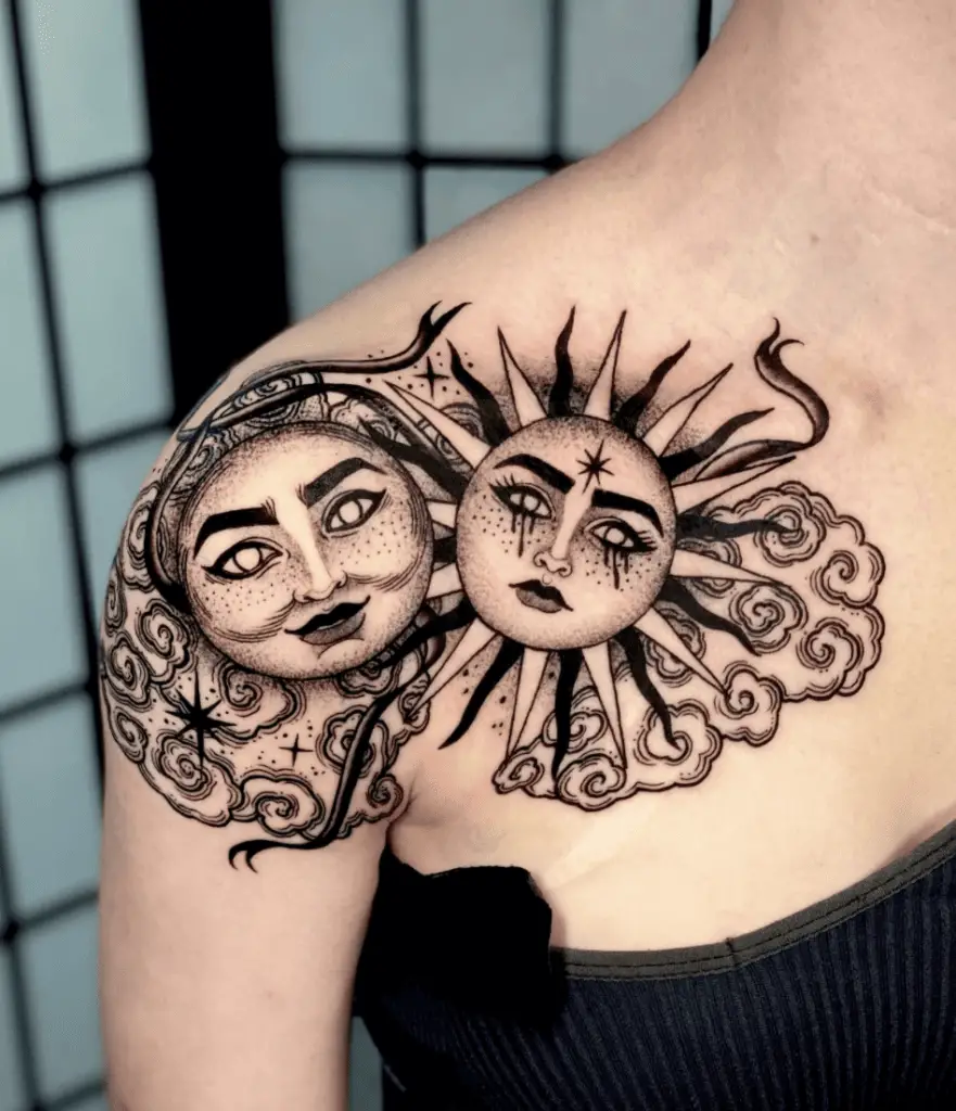 Black Detailed Full Moon and Sun With Wavy Clouds Shoulder Tattoo