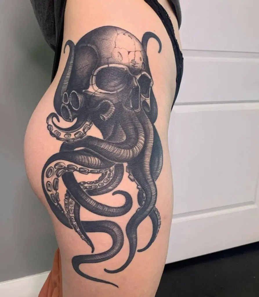 Black Detailed Huge Kraken Skull Thigh Tattoo