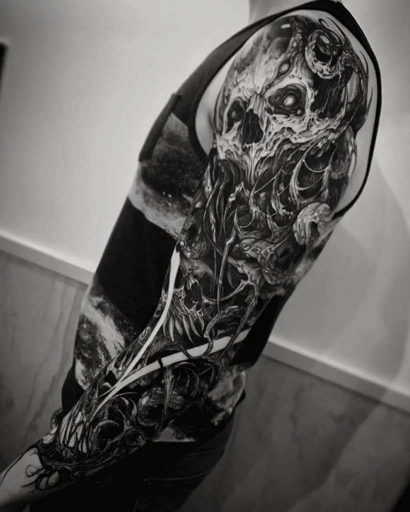 Black Detailed Kraken Skull Monster Arm Sleeve Tattoo