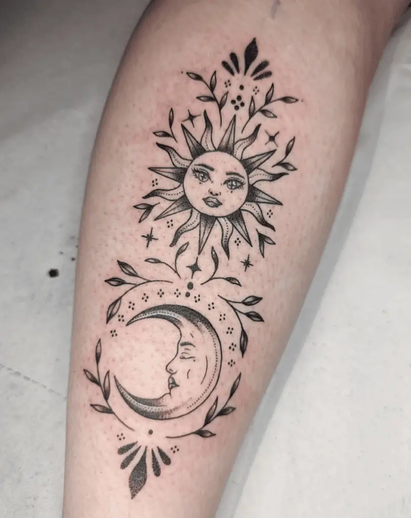 Black Detailed Leafy Sun and Moon With Stars Leg Tattoo