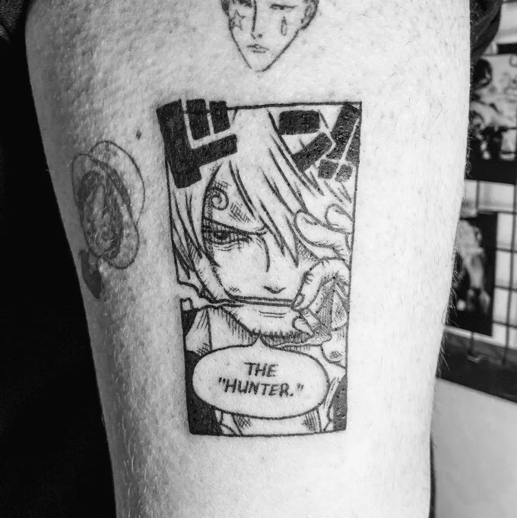 Black Detailed Sanji With Dialogue Speech Bubble in Outline Box Thigh Tattoo