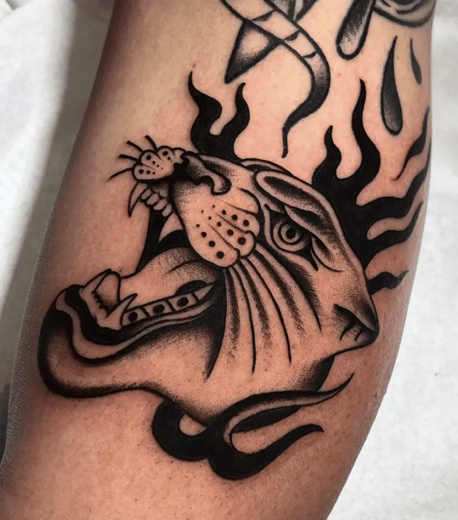Black Detailed Side View Panther Head With Flames Arm Tattoo