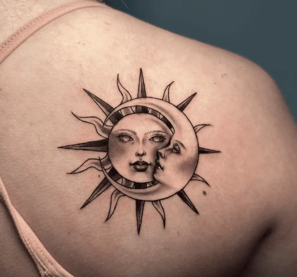 Black Detailed Sun and Crescent Moon With Face Back Tattoo