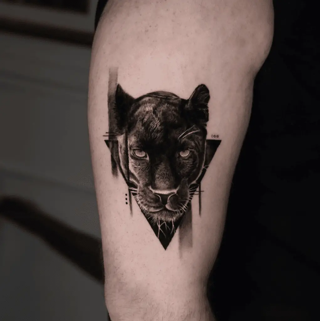 Black Panther Head With Geometry Designs Upper Arm Tattoo
