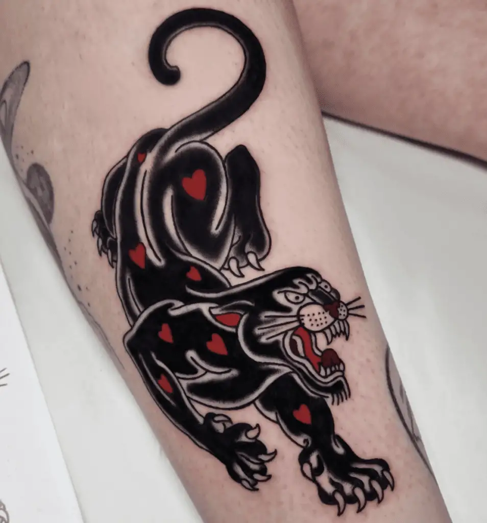 Black Panther With Heart Pattern on it's Body Leg Tattoo