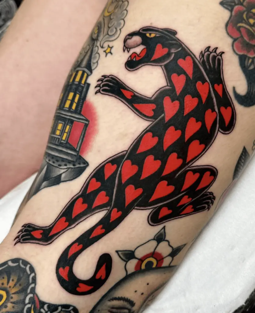 Black Panther With Red Heart Print Leg Tattoo
