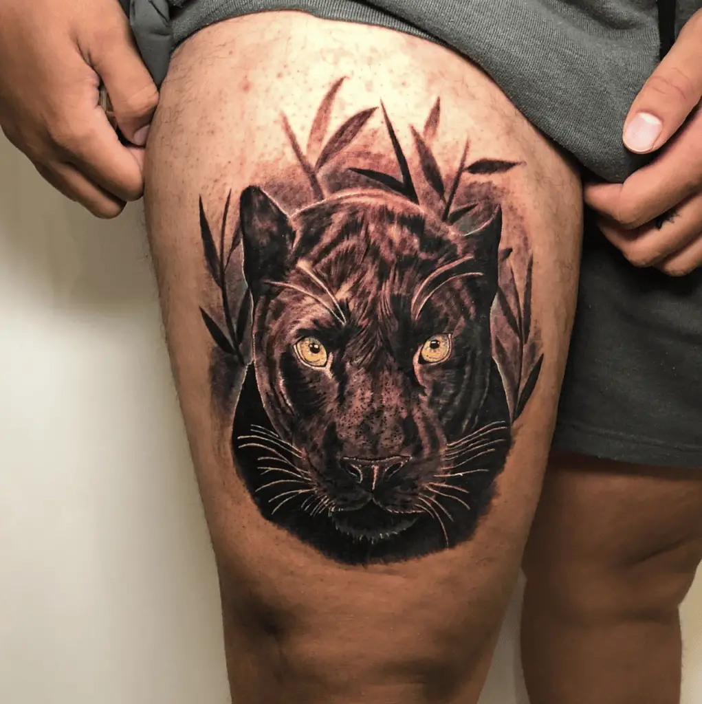 Black Panther in Front of the Plants Thigh Tattoo