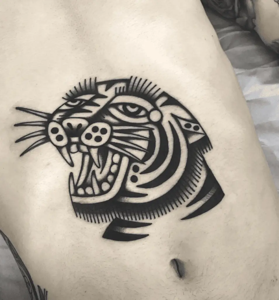Black Panther in Old School Design Stomach Tattoo