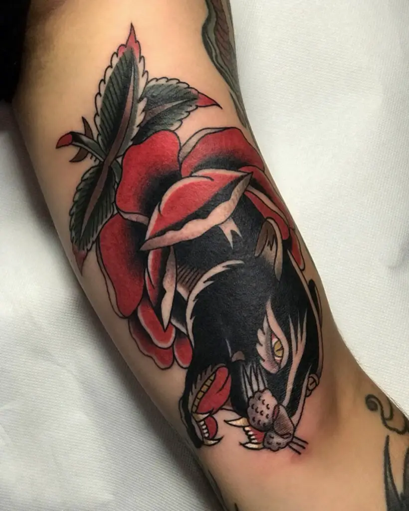 Black Panther in Red Flower Upper Arm Tattoo