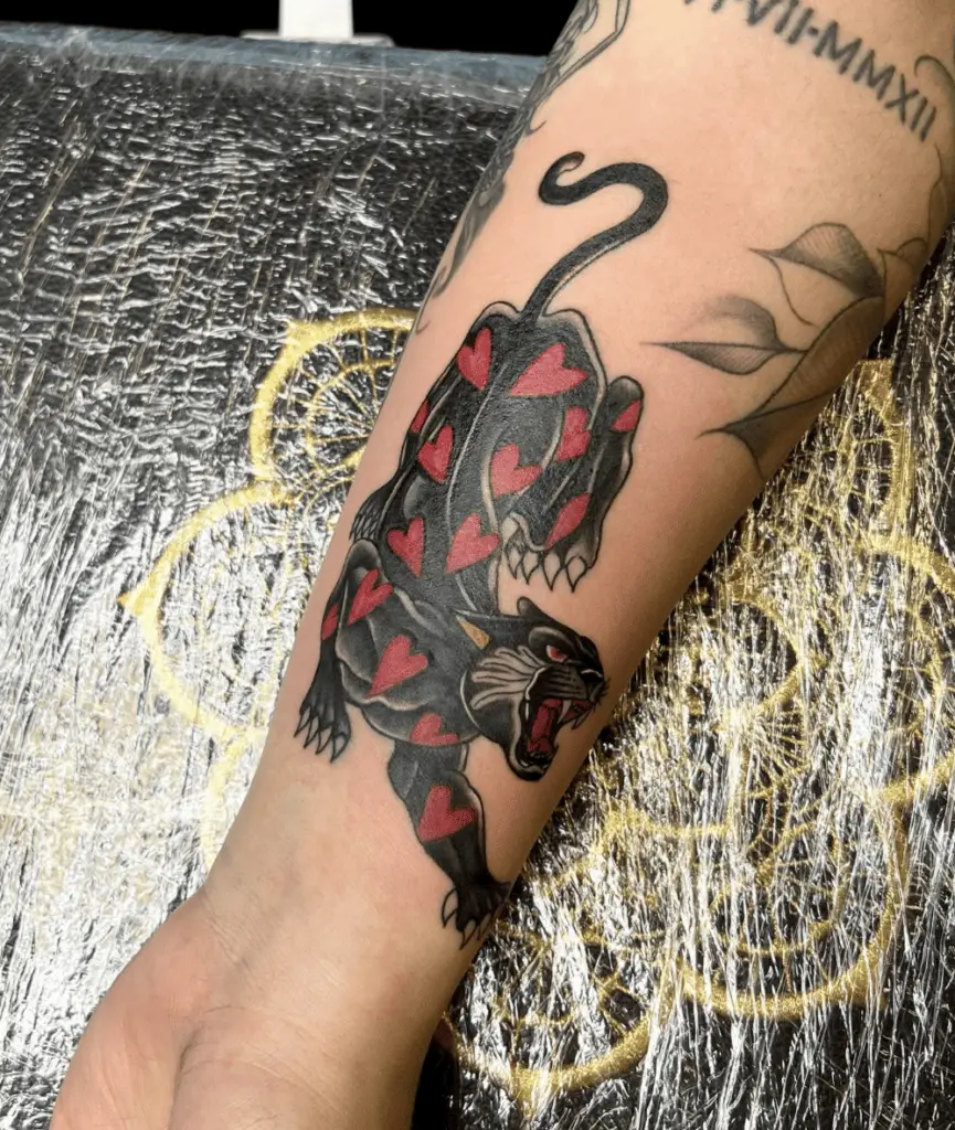 Black Panther with Red Heart Pattern Arm Tattoo