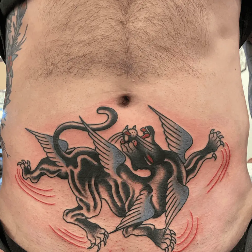 Black Panther With Five Angel Wings Stomach Tattoo
