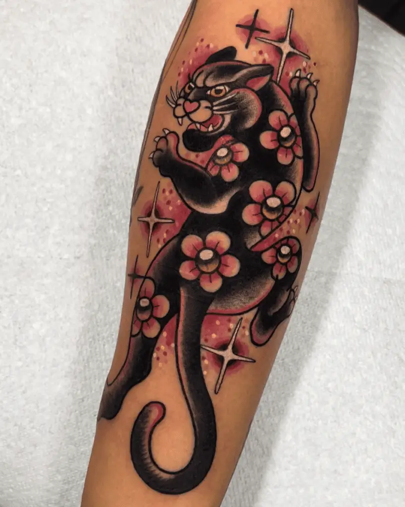 Black Panther With Pink Floral Print and Sparkles Arm Tattoo