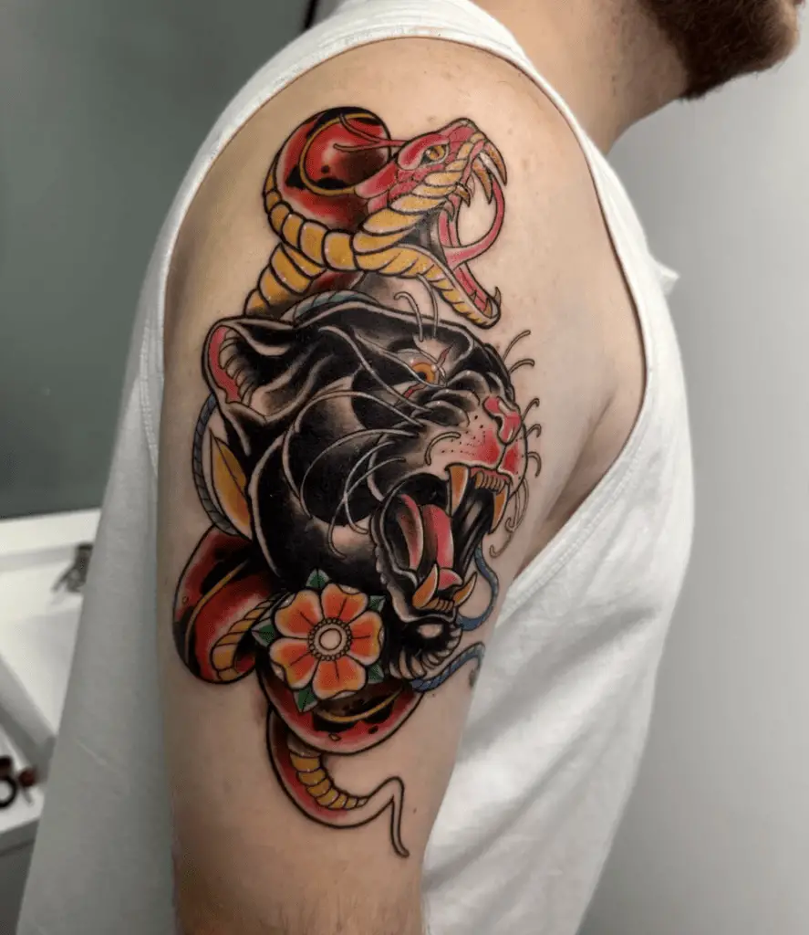 Black Panther With Red Snake and Flower Upper Arm Tattoo