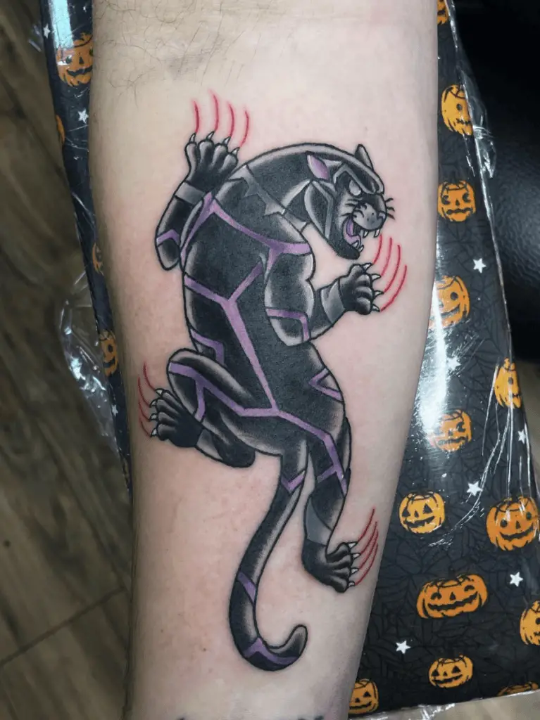Black Panther With Violet Highlights and Scratch Marks Leg Tattoo