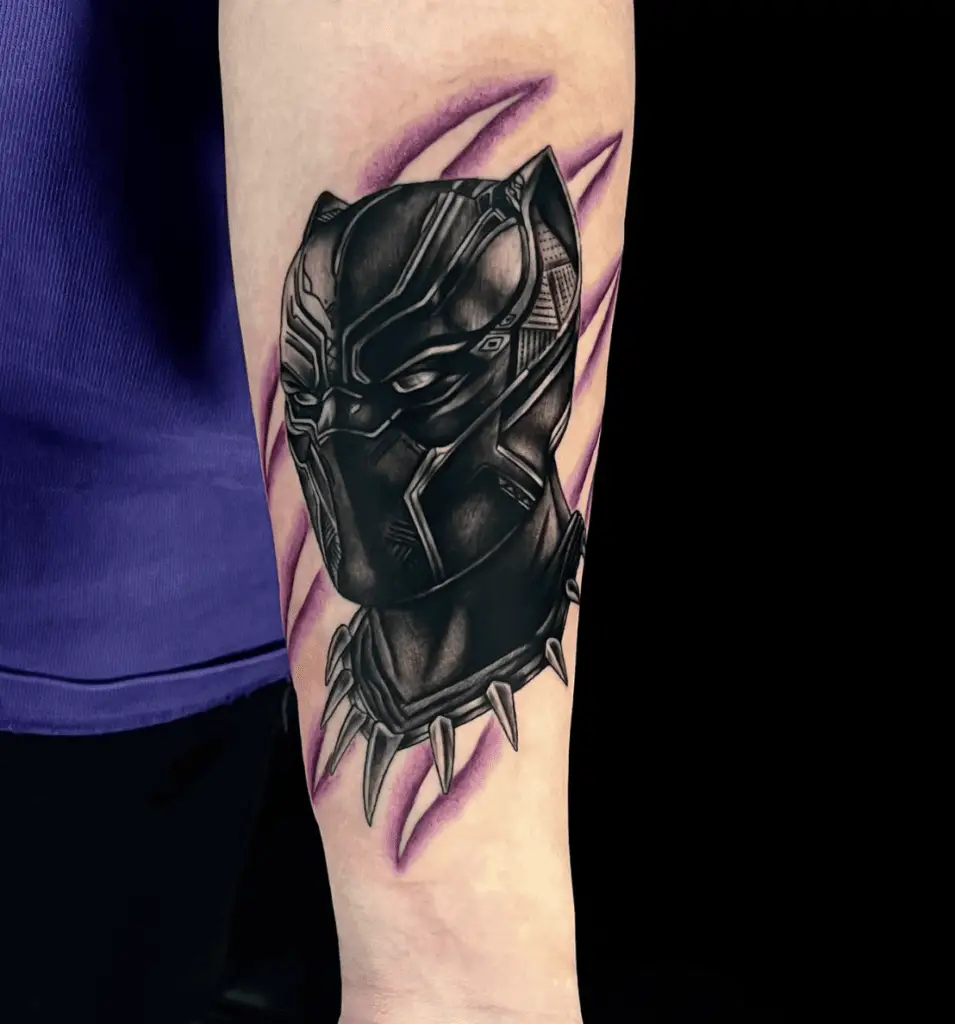 Black Panther in Vibranium Suit With Violet Outline Claw Scratch Mark Background Arm Tattoo