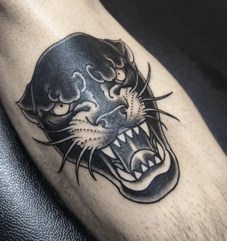 Black Roaring Panther Head Leg Tattoo