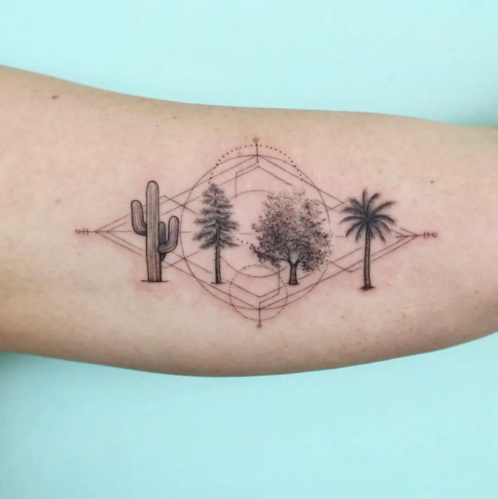 Black Work Cactus With Different Kinds of Tree and Geometric Lines Arm Tattoo