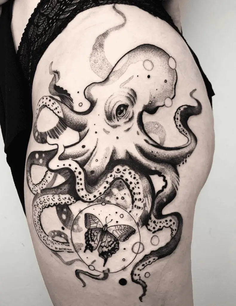 Black Work Giant Octopus With Butterfly Hip Tattoo