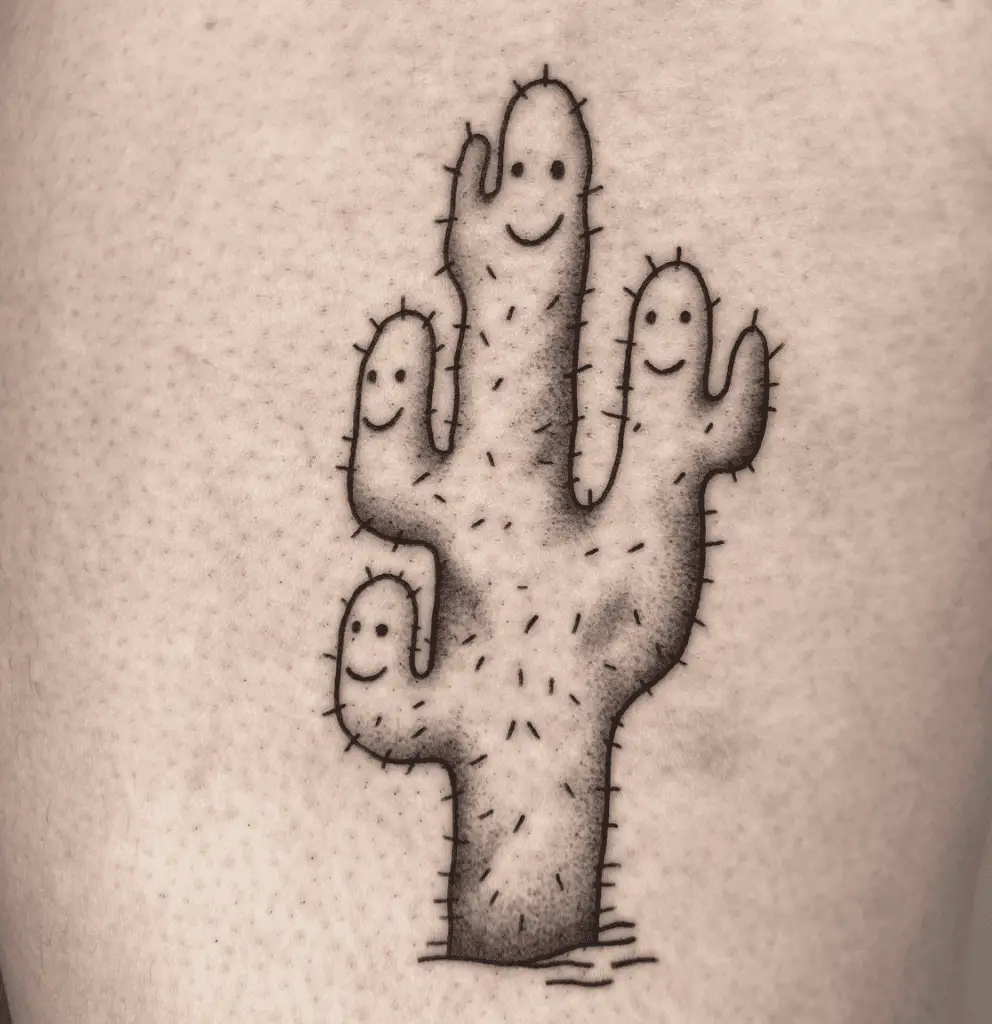 Black Work Happy Cactus Faces Tattoo