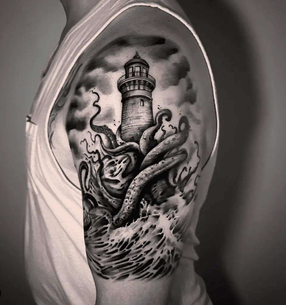 Black Work Kraken Tentacles Surrounding the Lighthouse Upper Arm Tattoo