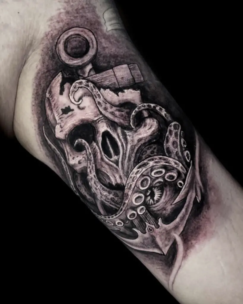 Black Work Kraken With Skull and Anchor Upper Arm Tattoo