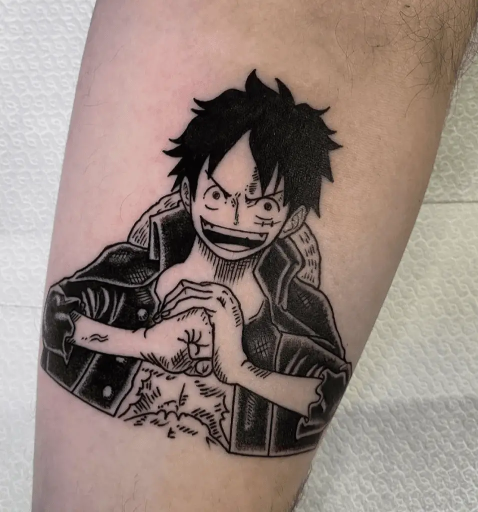 Black Work Luffy Holding His Fist Leg Tattoo