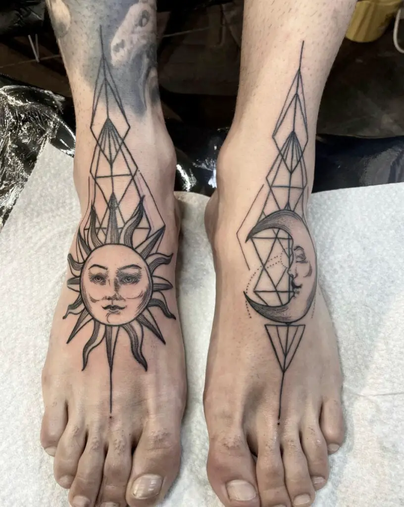 Black Work Sun and Moon Faces With Geometric Diamonds Feet Tattoo