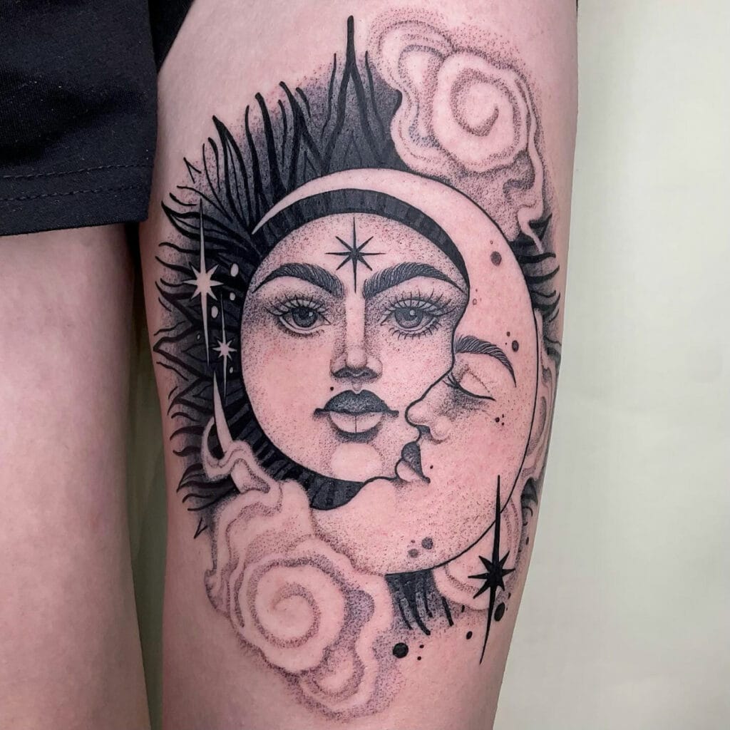 Black Work Sun and Moon Realistic Faces With Sparkles and Smoke Clouds Thigh Tattoo