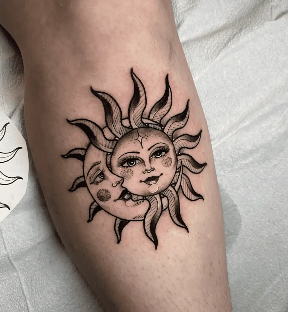 Black Work Sun and Moon With Pretty Face Leg Tattoo