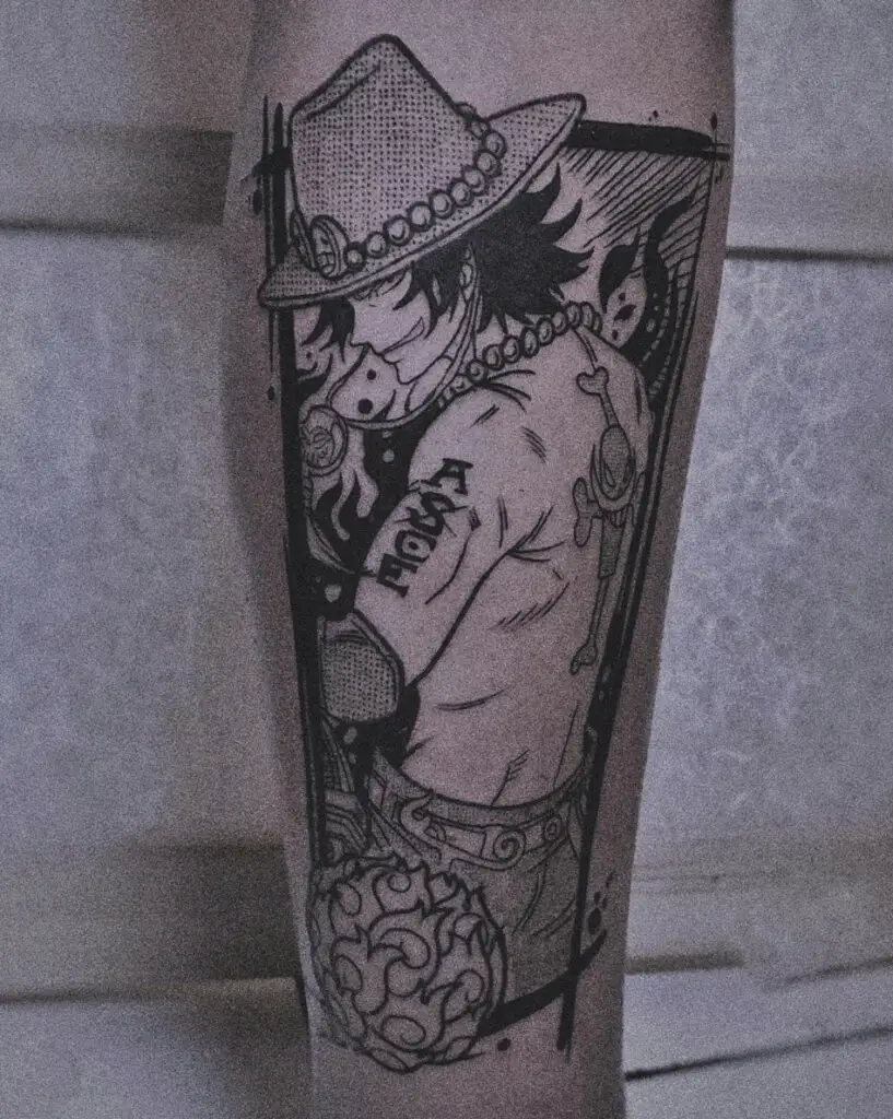 Black and Gray Ace Standing in Side View Leg Tattoo