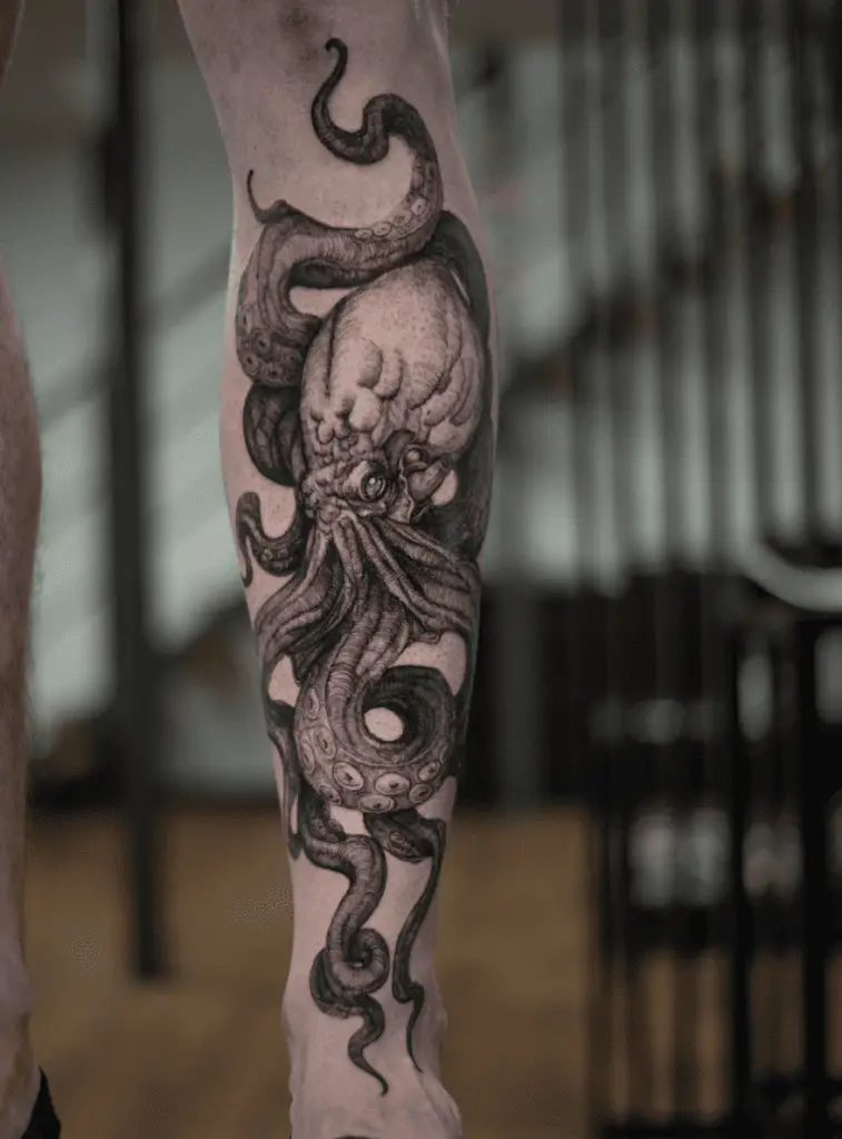Black and Gray Giant Octopus Arm Tattoo