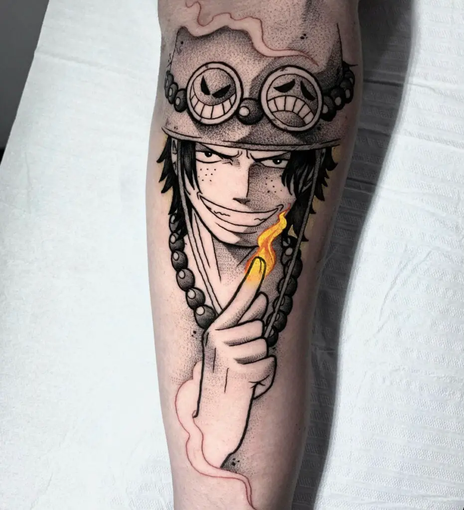 Black and Grey Ace With Fire in His Finger Leg Tattoo