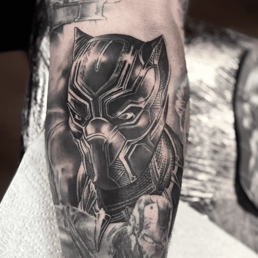 Black and Grey Black Panther in Vibranium Suit Arm Tattoo