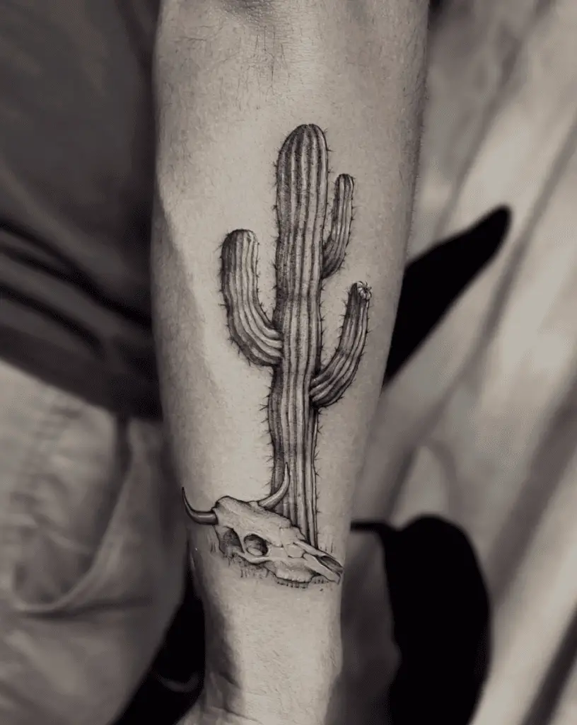 Black and Grey Cactus and Cow Skull Arm Tattoo
