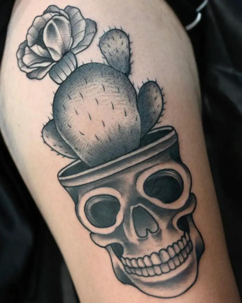 Black and Grey Cactus in Skull Pot Upper Arm Tattoo