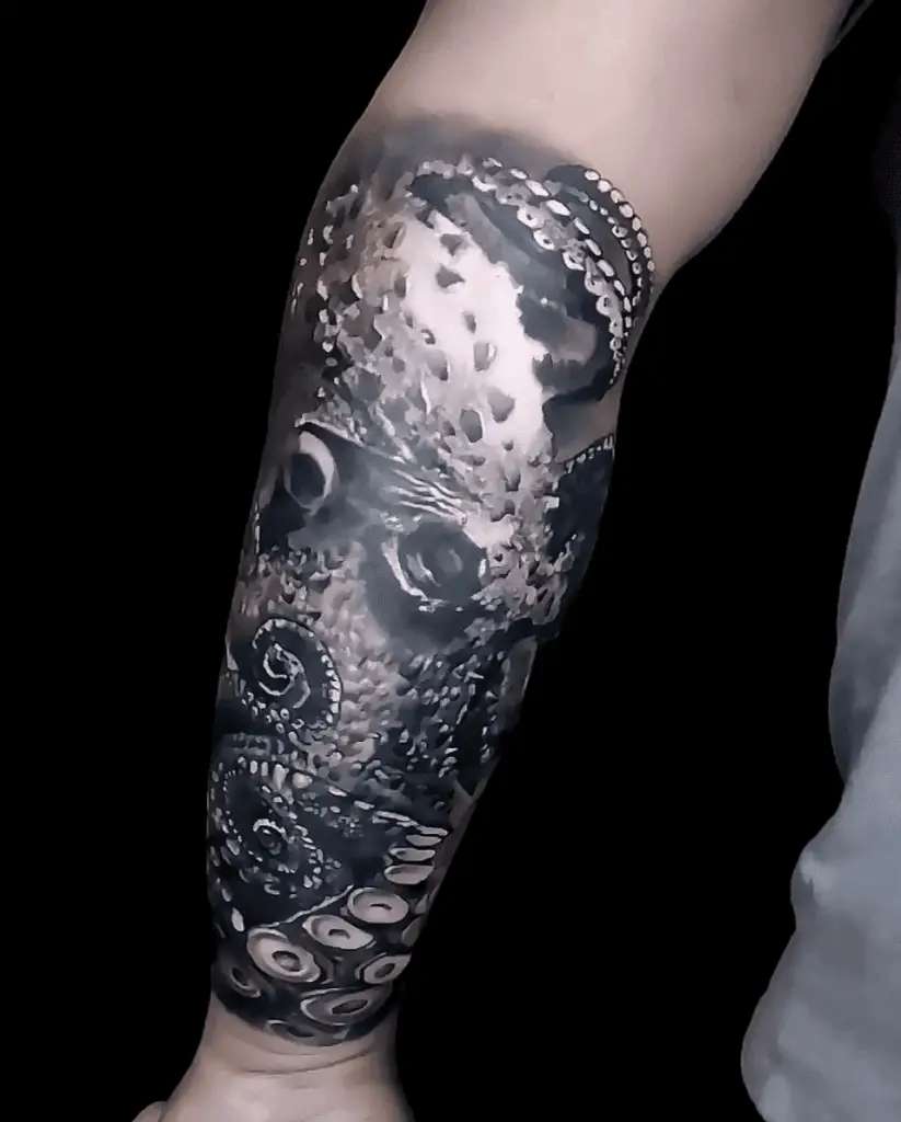 Black and Grey Close Up Kraken Arm Tattoo