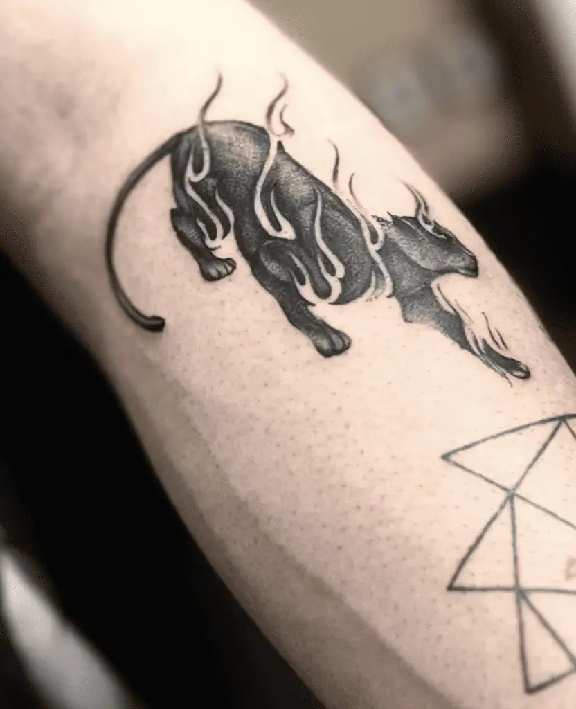 Black and Grey Flaming Panther Arm Tattoo