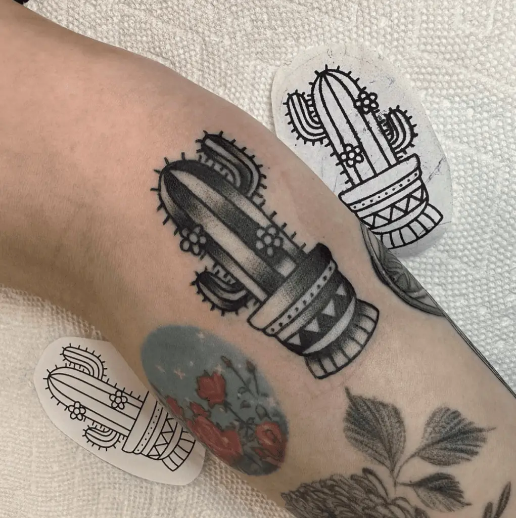 Black and Grey Floral Cactus Leg Tattoo