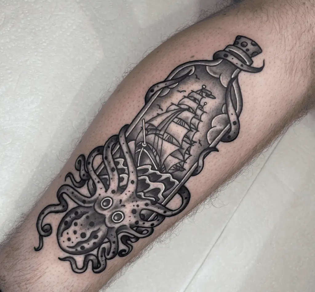 Black and Grey Giant Octopus Attached to the Ship in Bottle Leg Tattoo