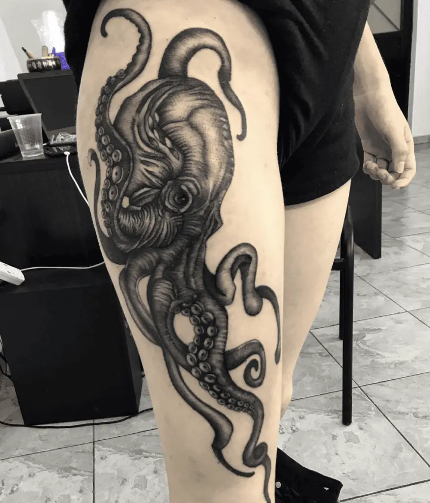 Black and Grey Huge Kraken Thigh Tattoo