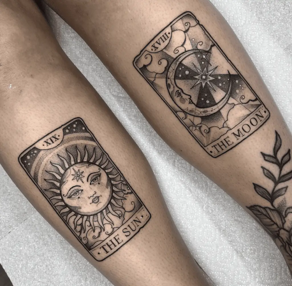 Black and Grey Illustration of Sun and Moon Tarot Card on Both Legs Tattoo