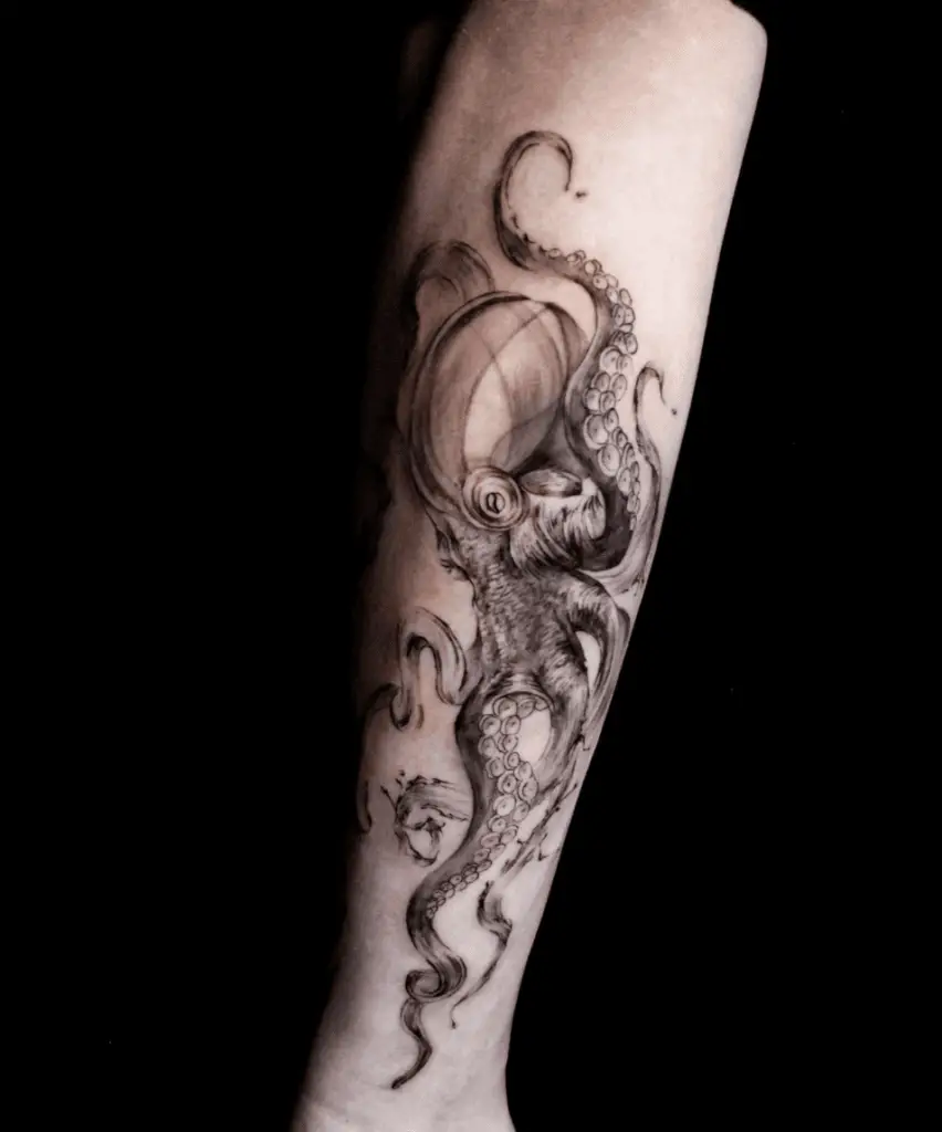 Black and Grey Kraken Arm Tattoo